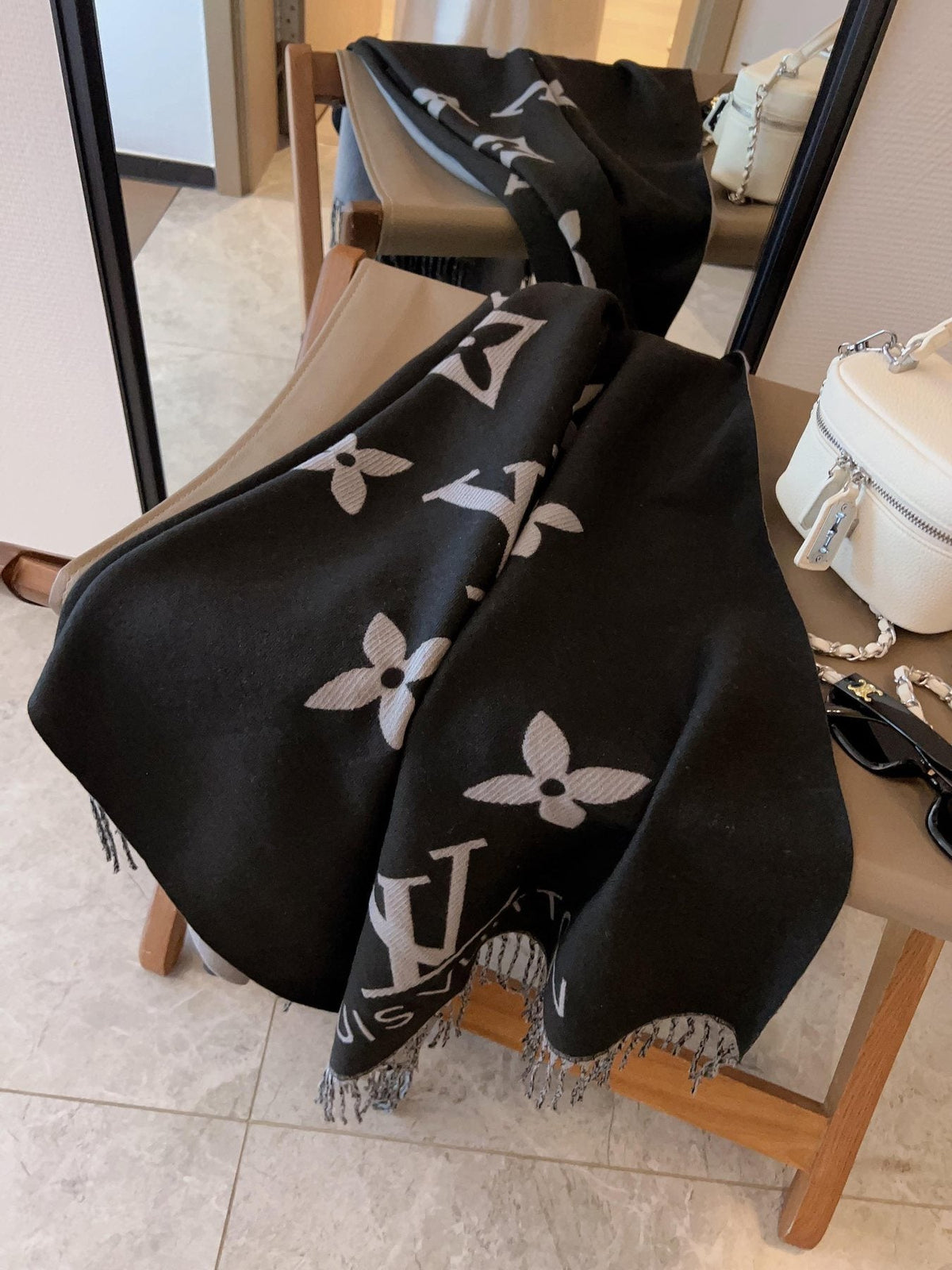 Louis Vuitton Fringed Monogram Scarf Shawl — front