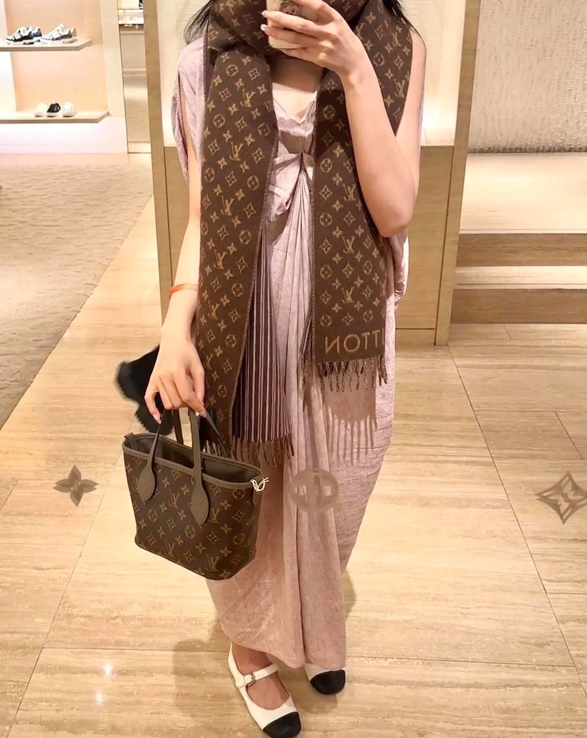 Louis Vuitton Brown Monogram Fringe Scarf — model