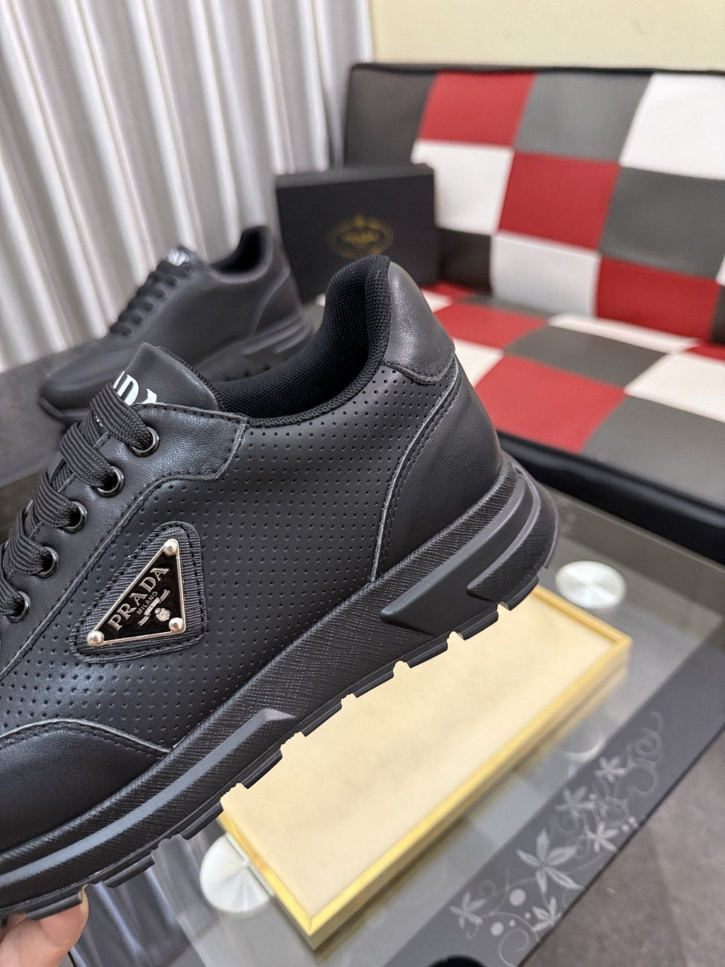 Prada Triangle Plaque Lace-Up Sneakers — detail