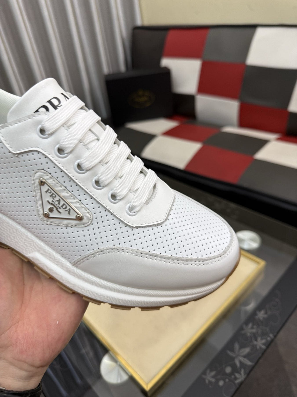 Prada Triangle Plaque Lace-Up Sneakers — detail