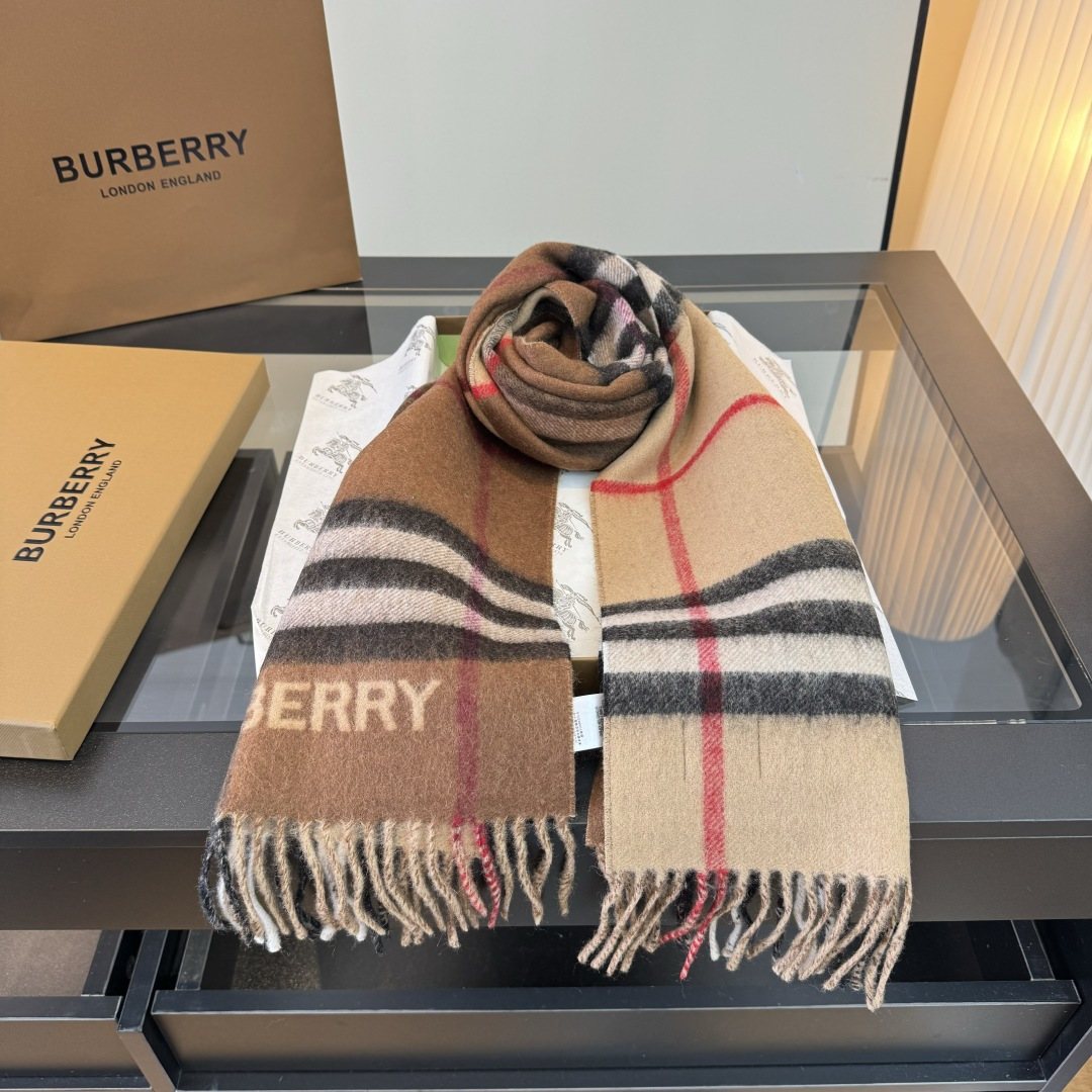 Burberry Tan Brown Plaid Fringe Scarf — front