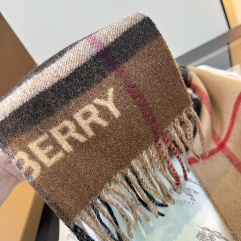 Burberry Tan Brown Plaid Fringe Scarf — detail