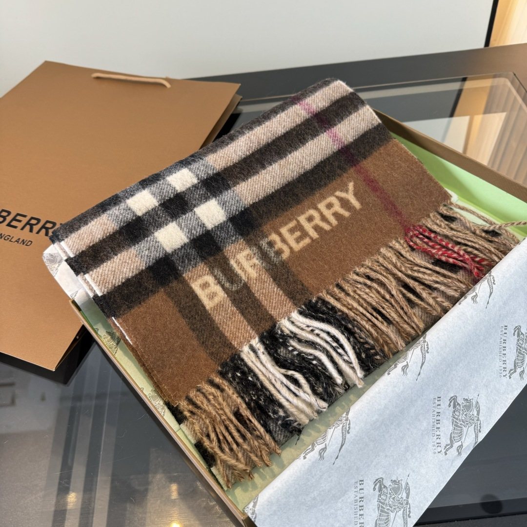 Burberry Tan Brown Plaid Fringe Scarf — side