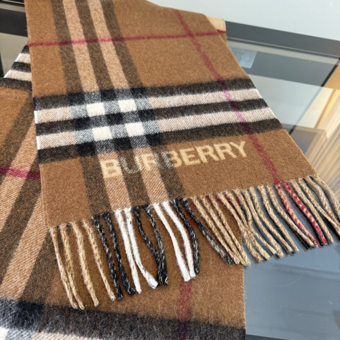 Burberry Tan Brown Plaid Fringe Scarf — detail