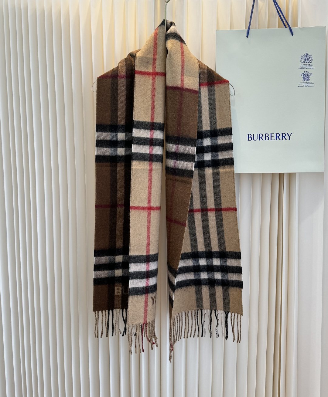 Burberry Tan Brown Plaid Fringe Scarf — front