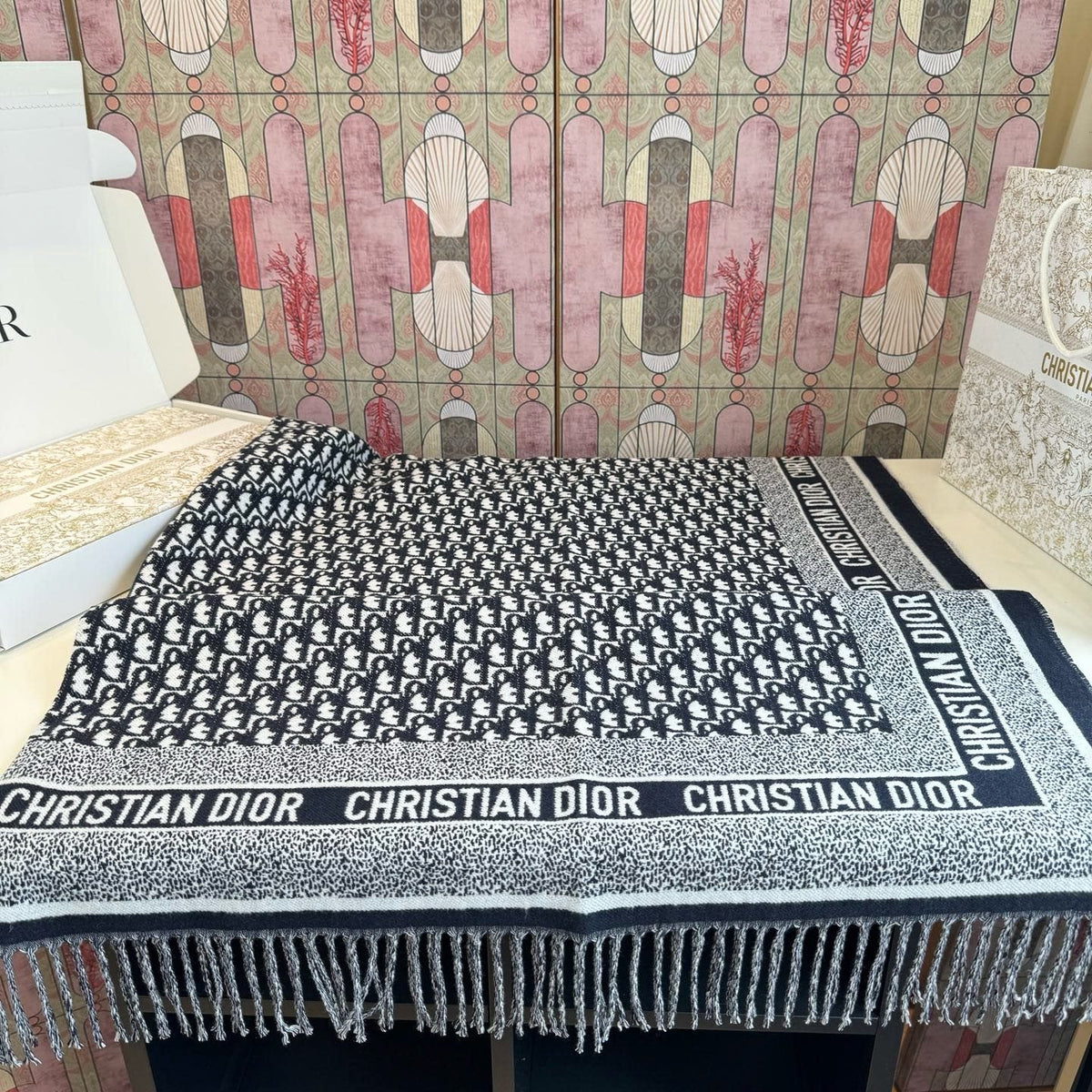 Dior Graphic Fringe Square Scarf — front