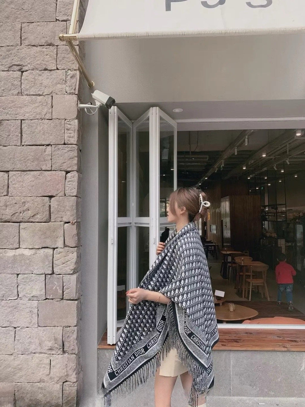 Dior Graphic Fringe Square Scarf — model