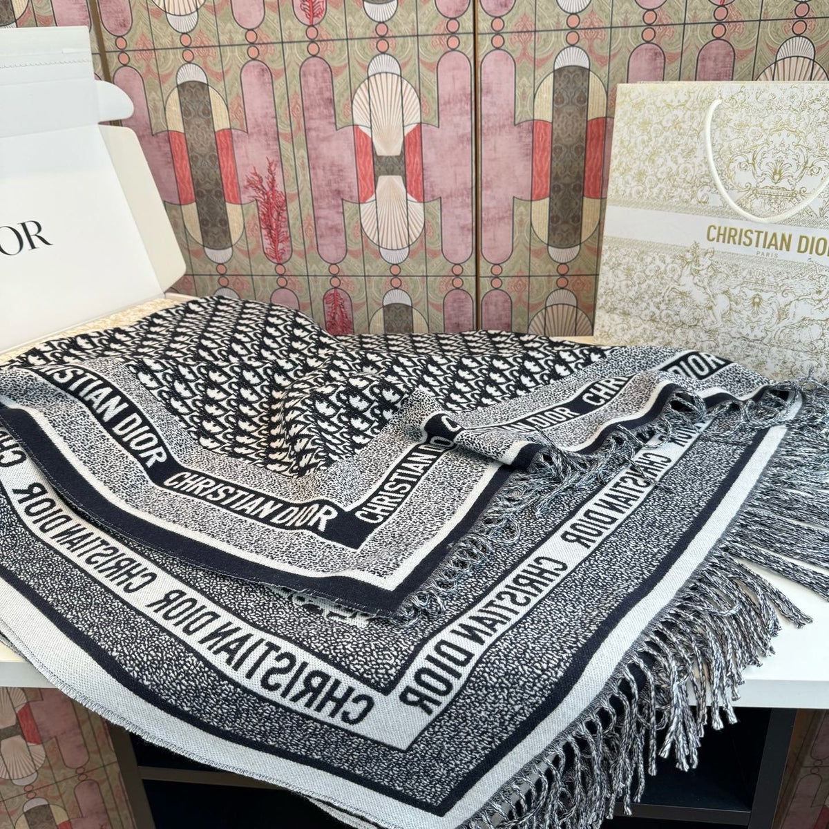 Dior Fringed Monogram Scarf — side