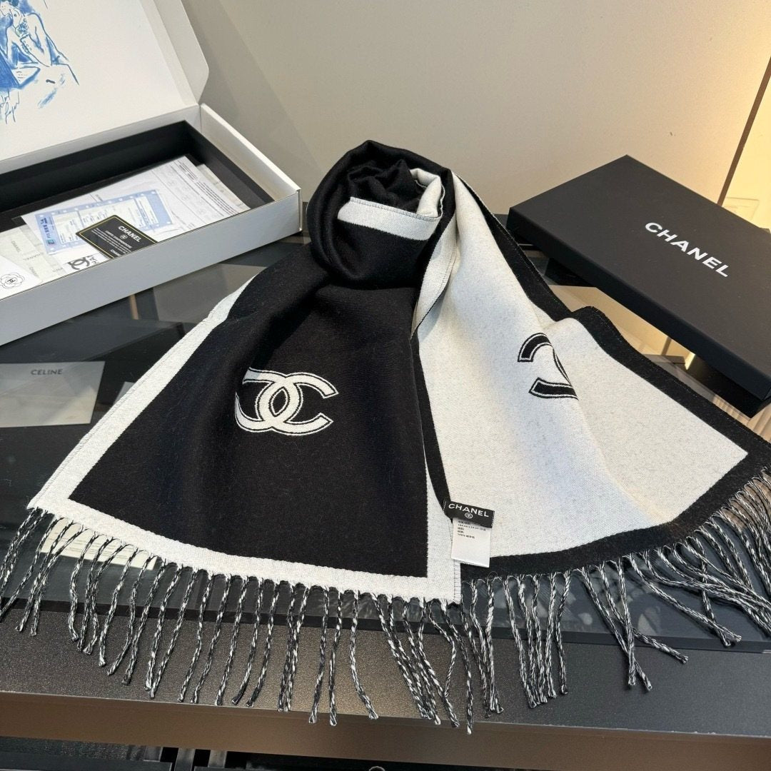 Chanel Contrast Panel Fringed Scarf — side