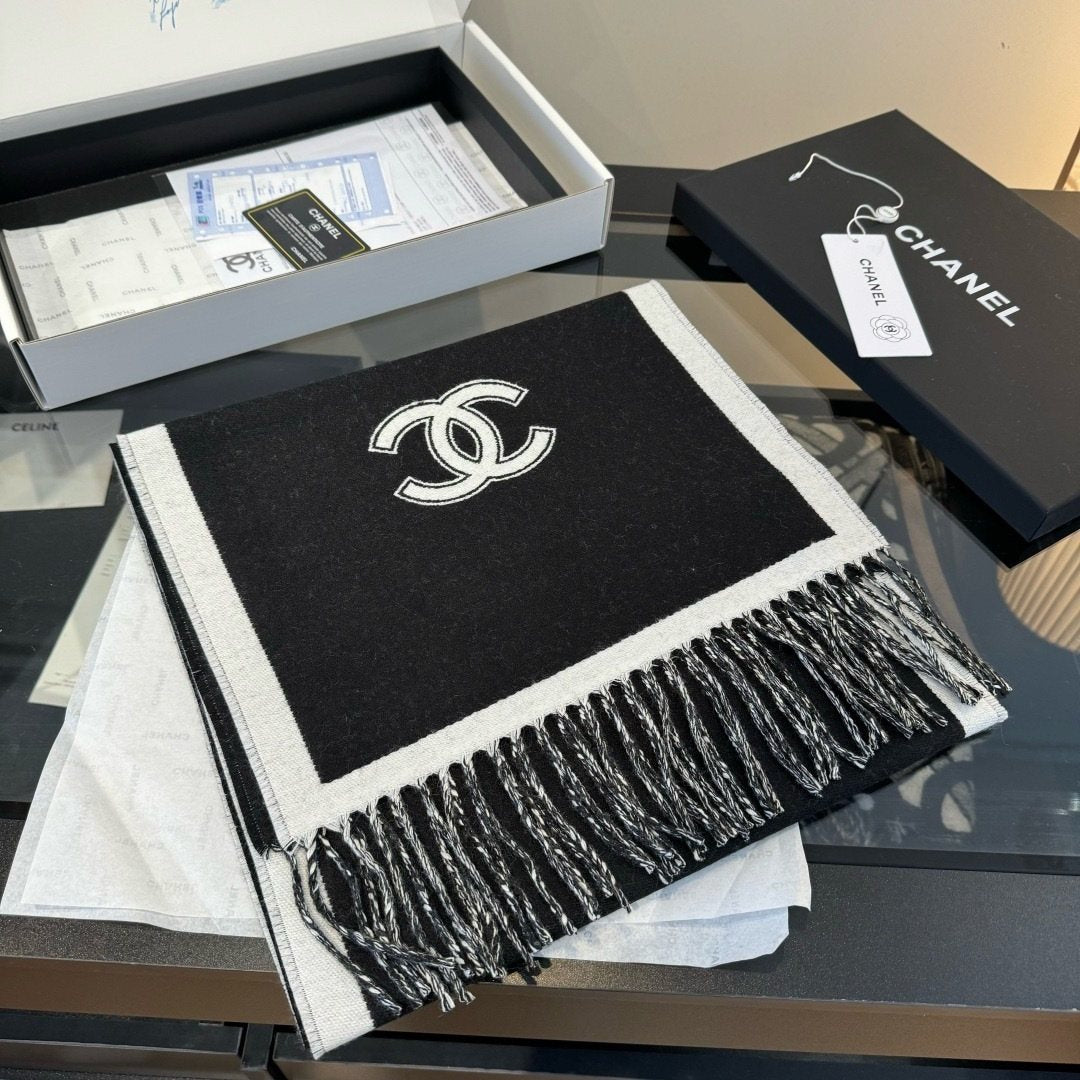 Chanel Contrast Panel Fringed Scarf — front