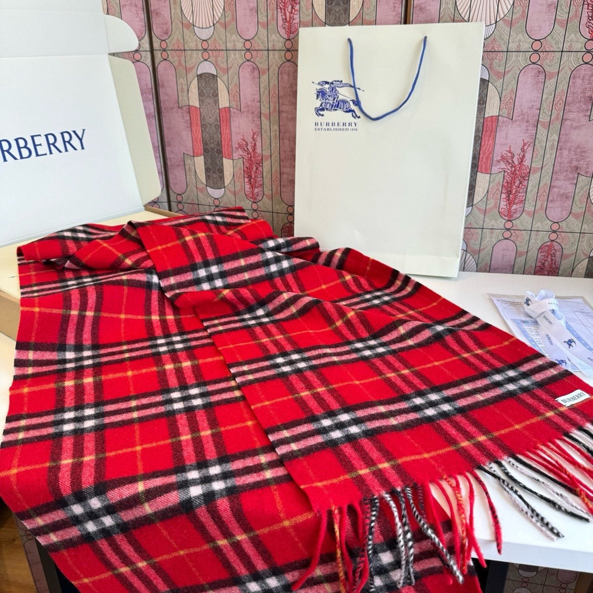 Burberry Red Plaid Fringed Scarf — side