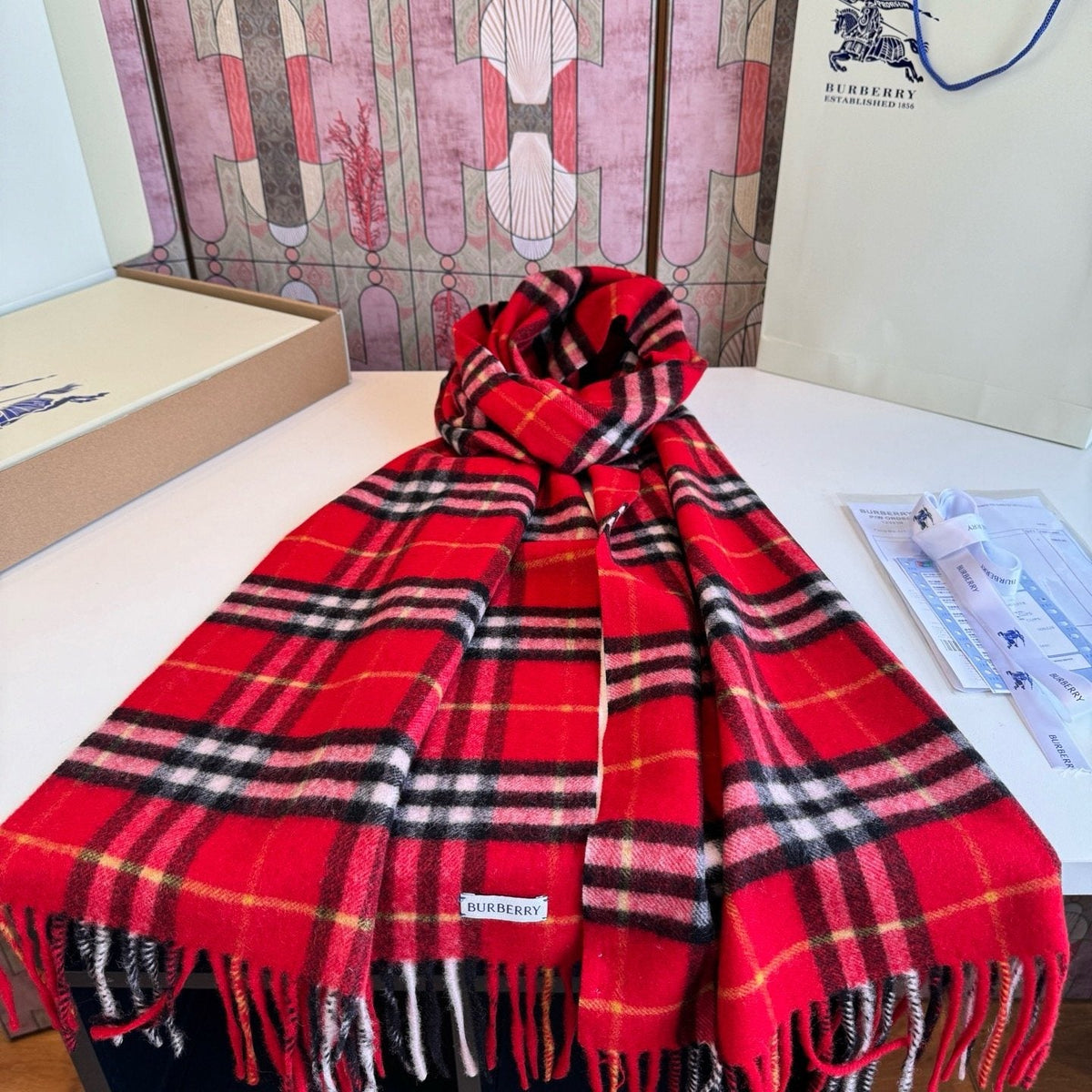 Burberry Red Plaid Fringed Scarf — front