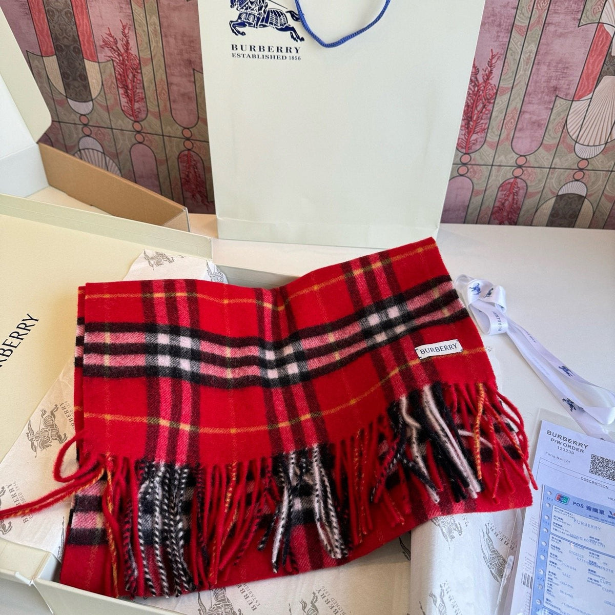 Burberry Red Plaid Fringed Scarf — side