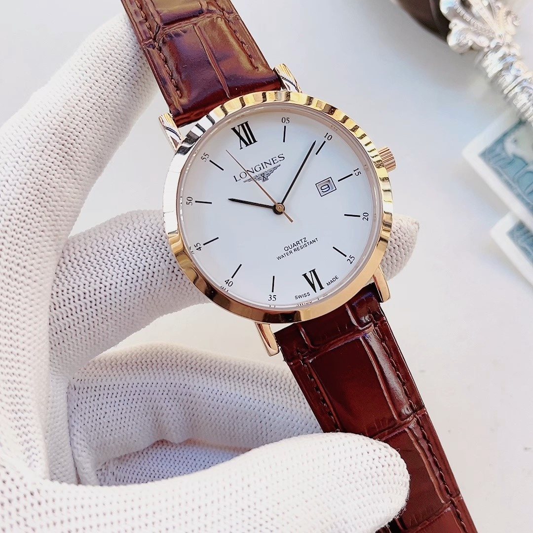 LONGINES Rose Gold Brown White Dial Leather Strap Watch — hero