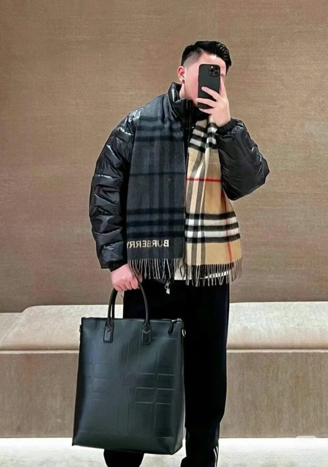 Burberry Charcoal Gray and Beige Plaid Scarf — model