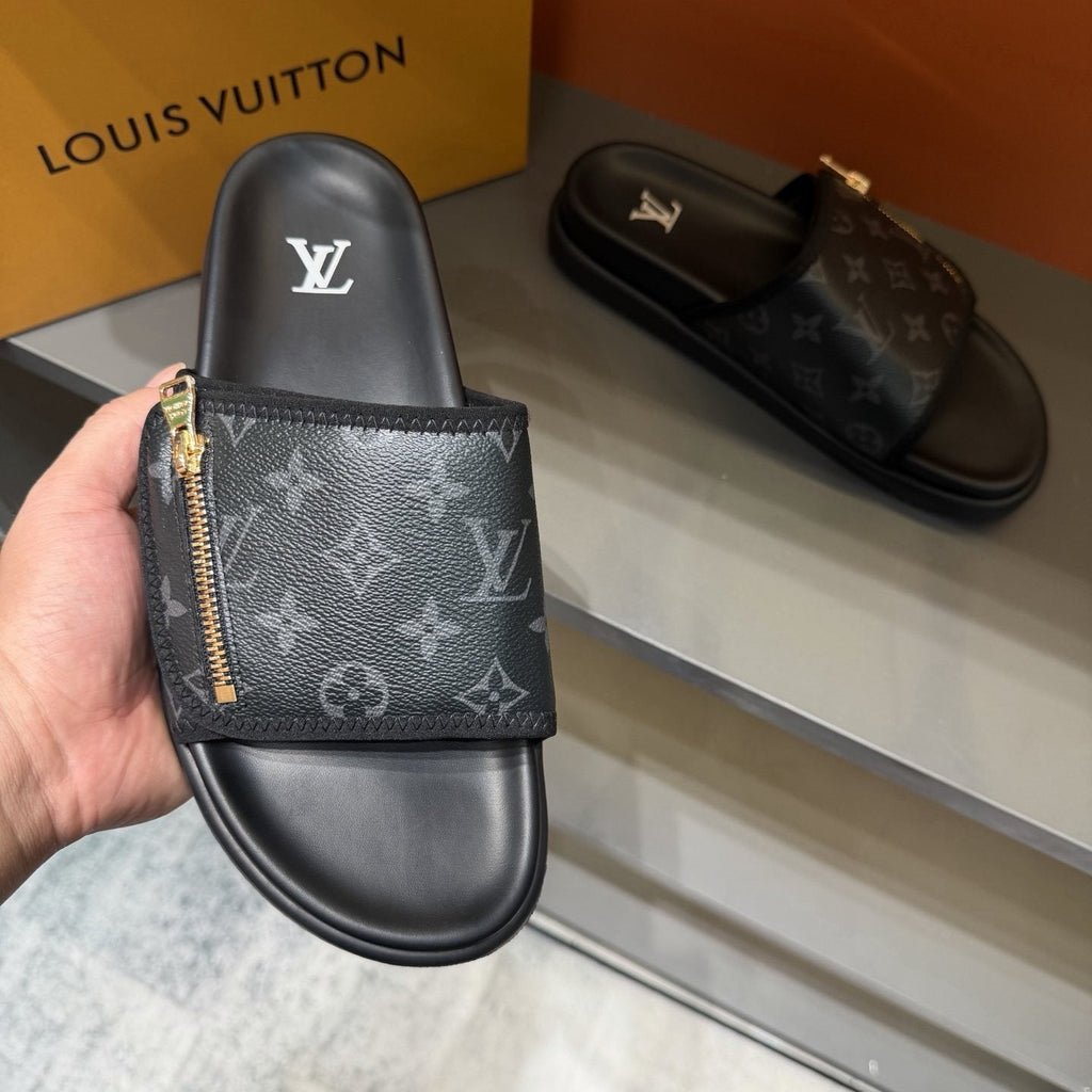 Louis Vuitton Black Monogram Strap Slide Sandals — front