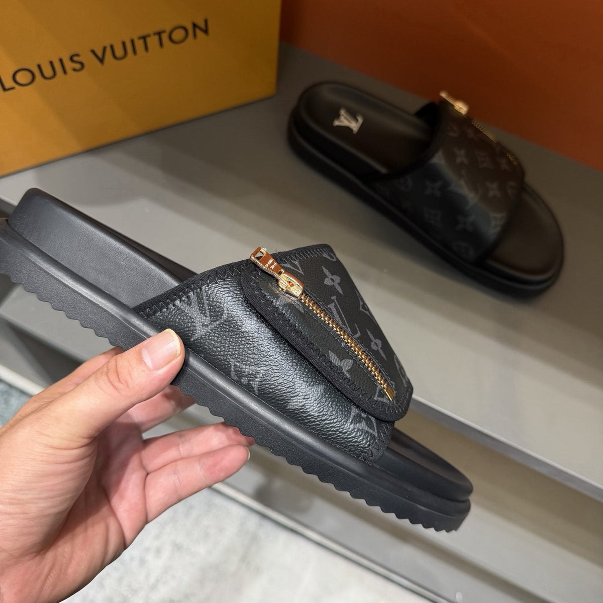 Louis Vuitton Black Monogram Strap Slide Sandals — side