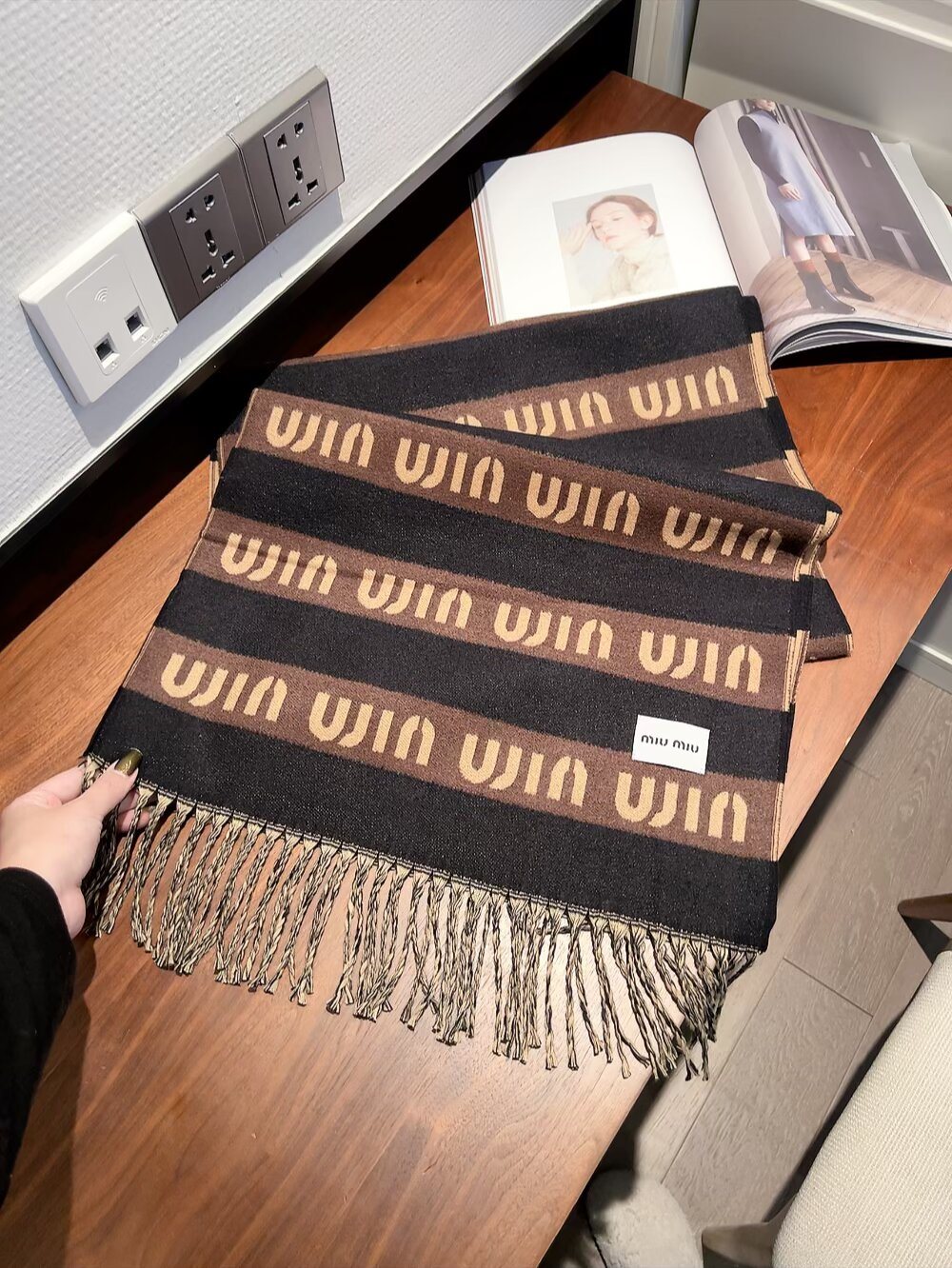Miu Miu Gray, Black & White Fringed Scarf — front