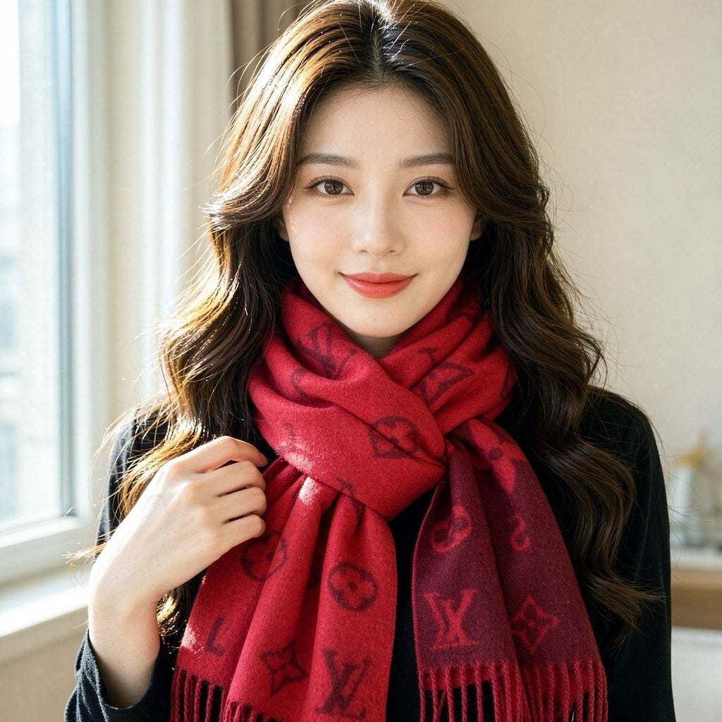 Louis Vuitton Fringed Wool Monogram Scarf — model