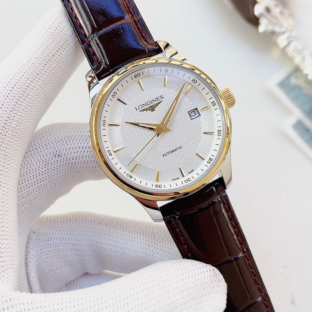 LONGINES Brown Silver White Dial Leather Strap Watch — hero