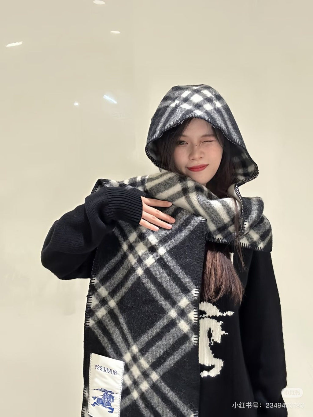 Plaid Hooded Scarf Wrap — model