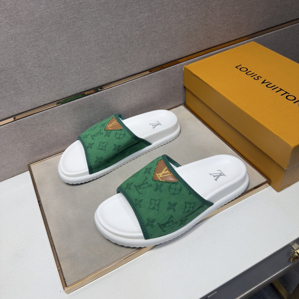 Louis Vuitton Navy Patterned Slide Sandals — front